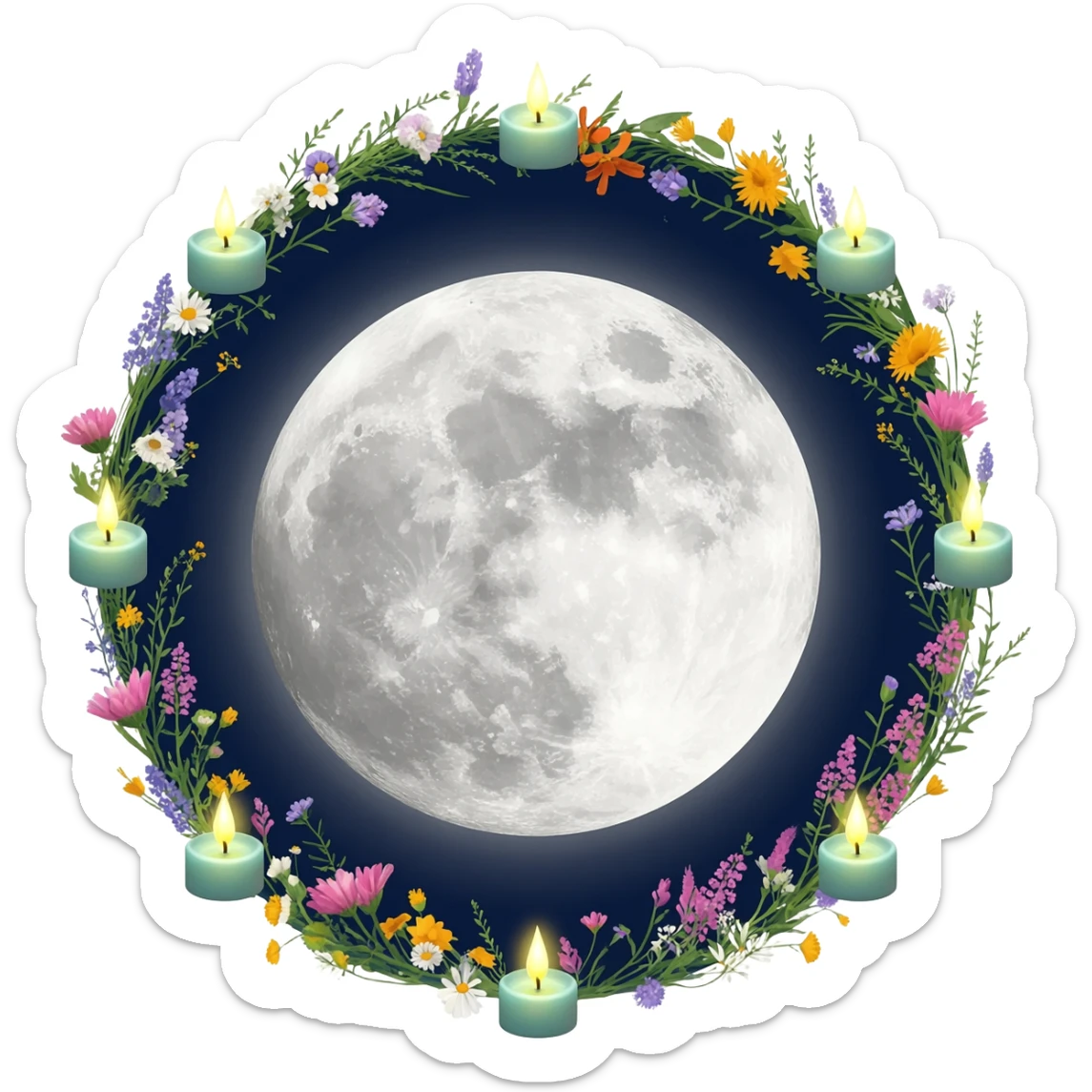 full moon with flowers and candles surrounding it. sticker