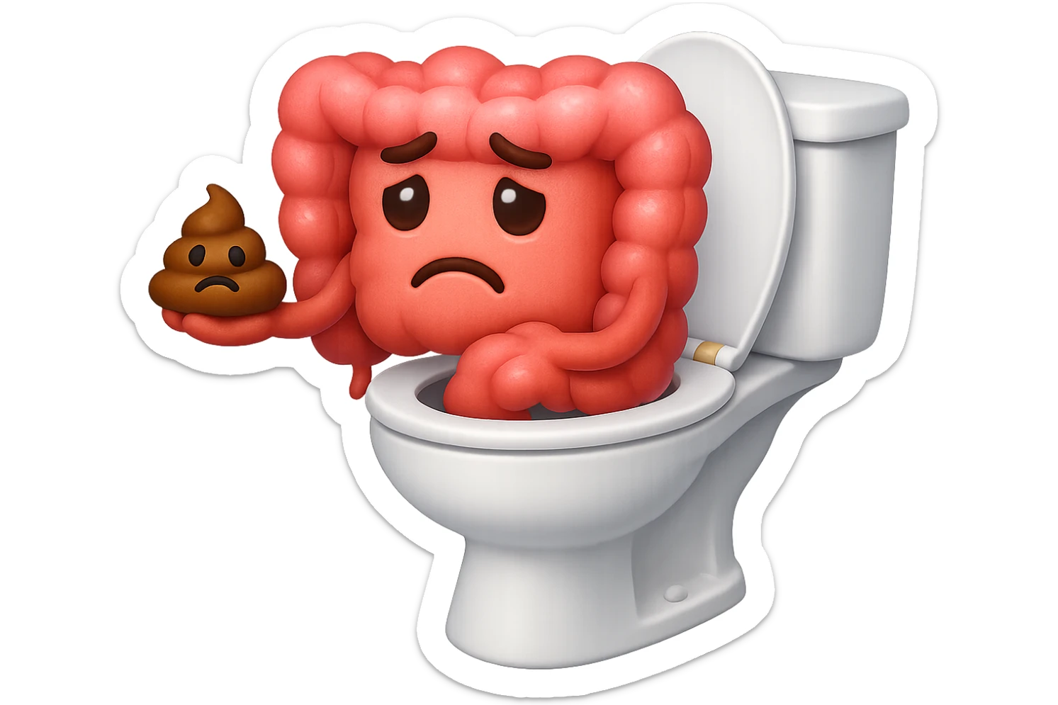 emoji stile iphone di un intestino che esce dal wc con in mano una montagnetta di feci con espressione triste a palline sticker
