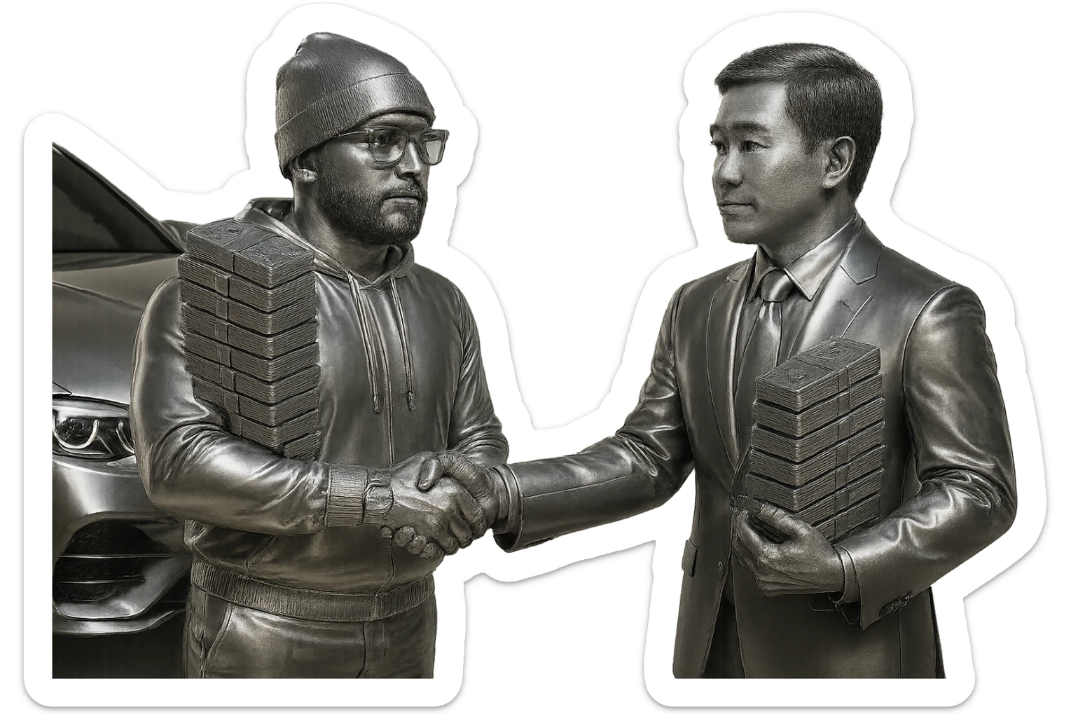 Make the watch chrome, the glasses chrome, and the suit of the Asian man chrome. Also, make the car more visible and chrome as well. Keep the people realistic and visible, with a transparent background and all other details the same. sticker