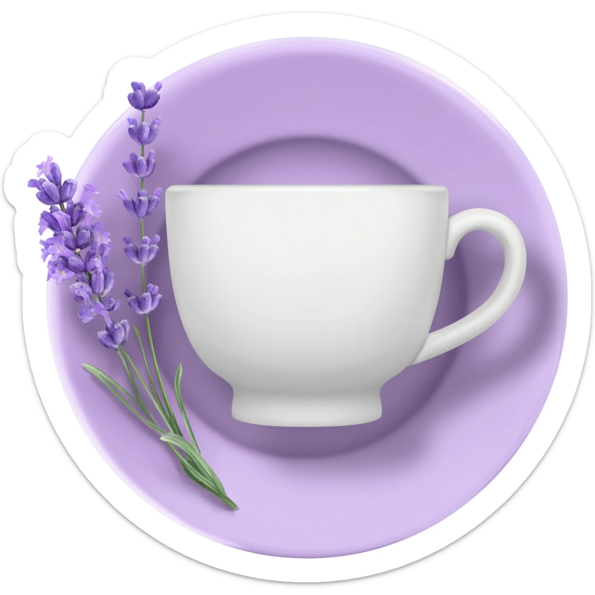 White teacup on a pastel purple plate, lavender flowers on the side, pastelcore aesthetic sticker