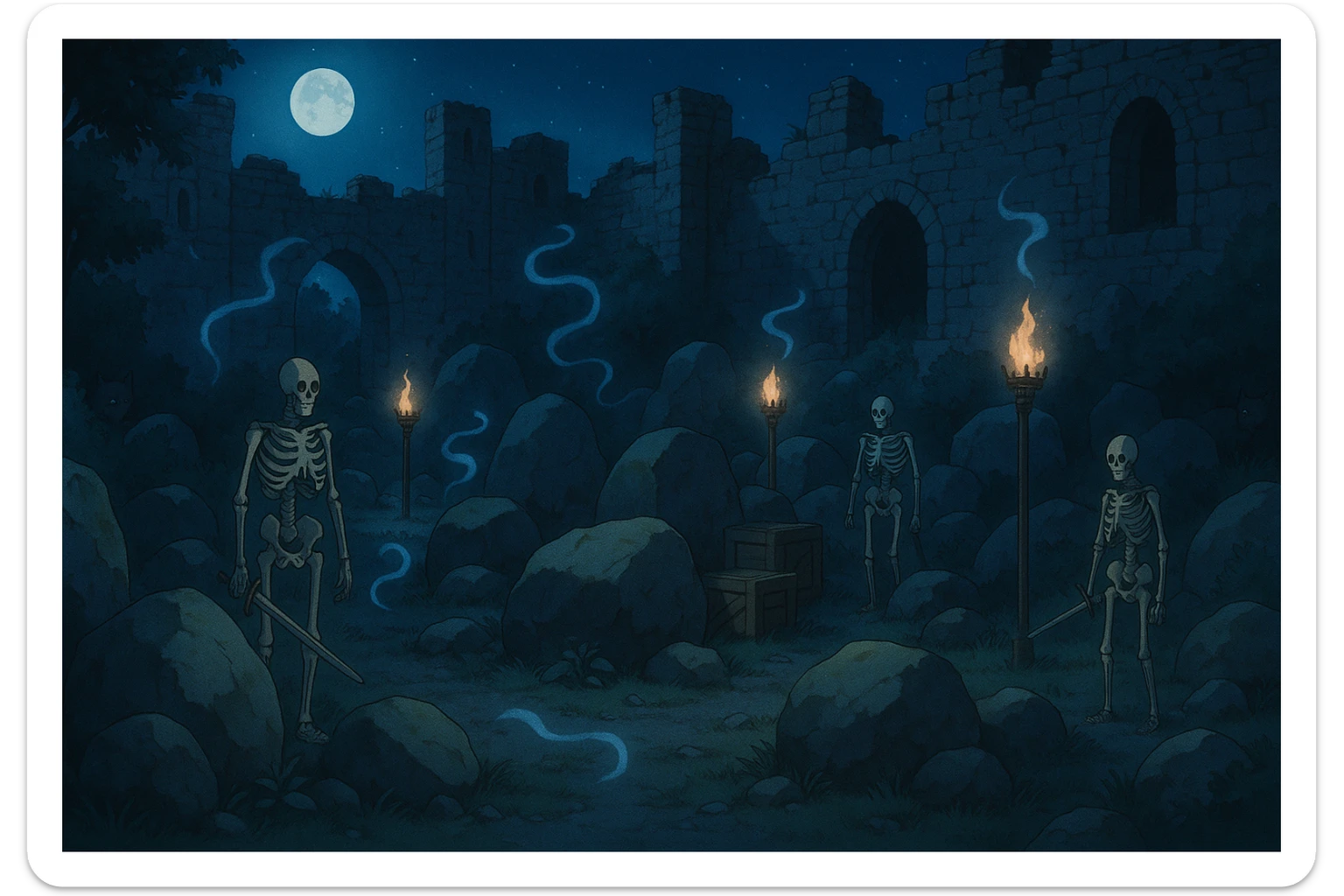 midnight within the ruins of abandoned castle yard, protrude boulders, amid iron torches and crates tucked behind, skeleton warriors, wisps, and wolves linger just in the edge of view behind scenery, very subtly, appearing safe with hidden threat sticker