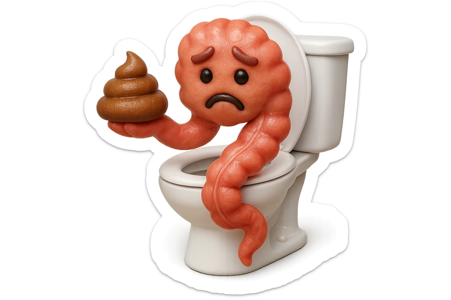 emoji stile iphone di un intestino realistico 3d che esce dal wc con in mano una montagnetta di feci con espressione triste a palline, iperrealistico 4k sticker