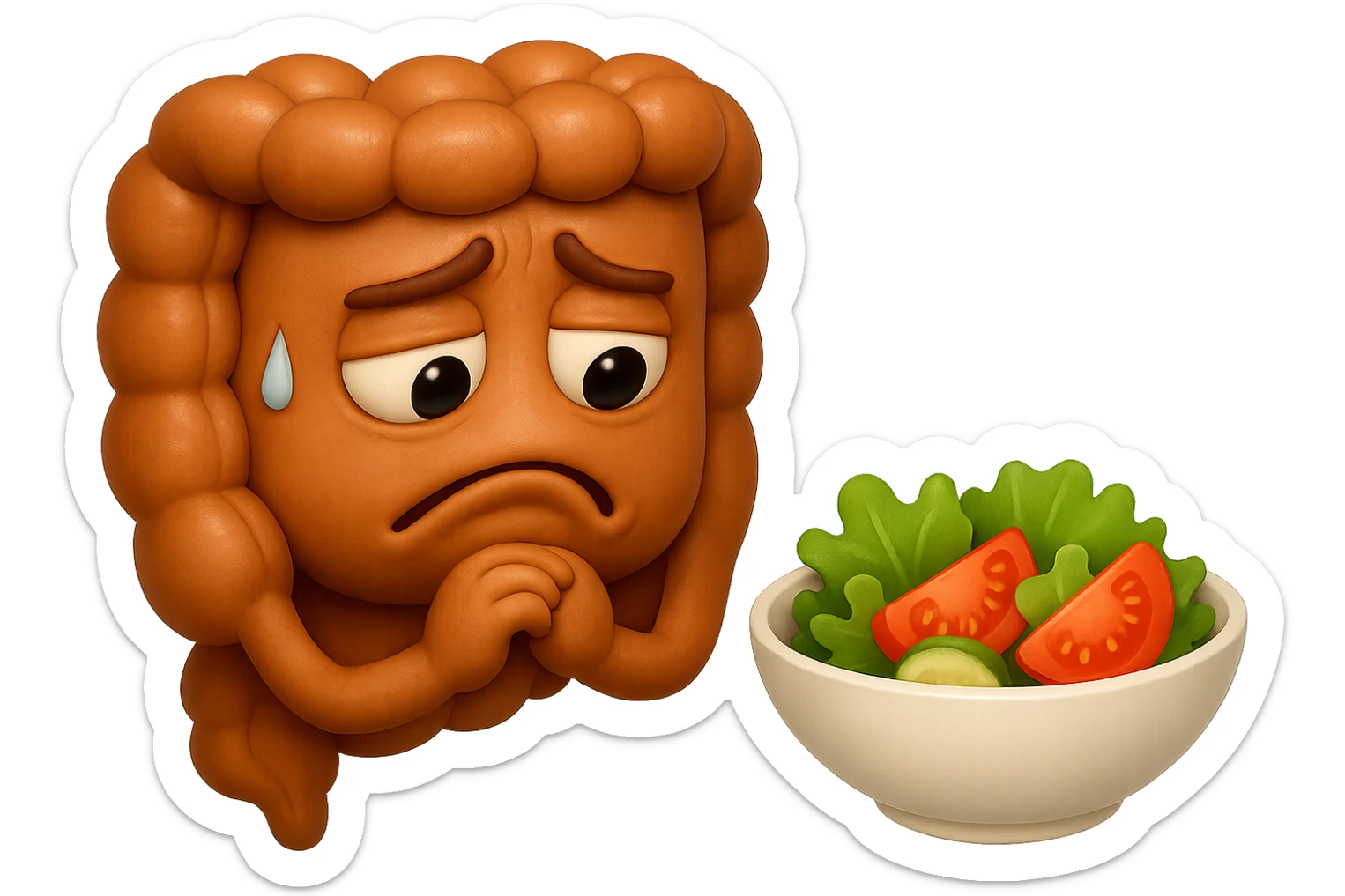 EMOJI STILE IPHONE DI UN INTESTINO UMANO ANATOMICO CHE GUARDA UN INSALATA CON ESPRESSIONE TRISTE E RASSEGNATA IN VOLTO: SOFFRE LA FAME PERCHé è A DIETA, FAGLI ANCHE LA PARTE BIANCA DEGLI OCCHI, NON SOLO LE PUPILLE, IPERREALISTICO 4K sticker