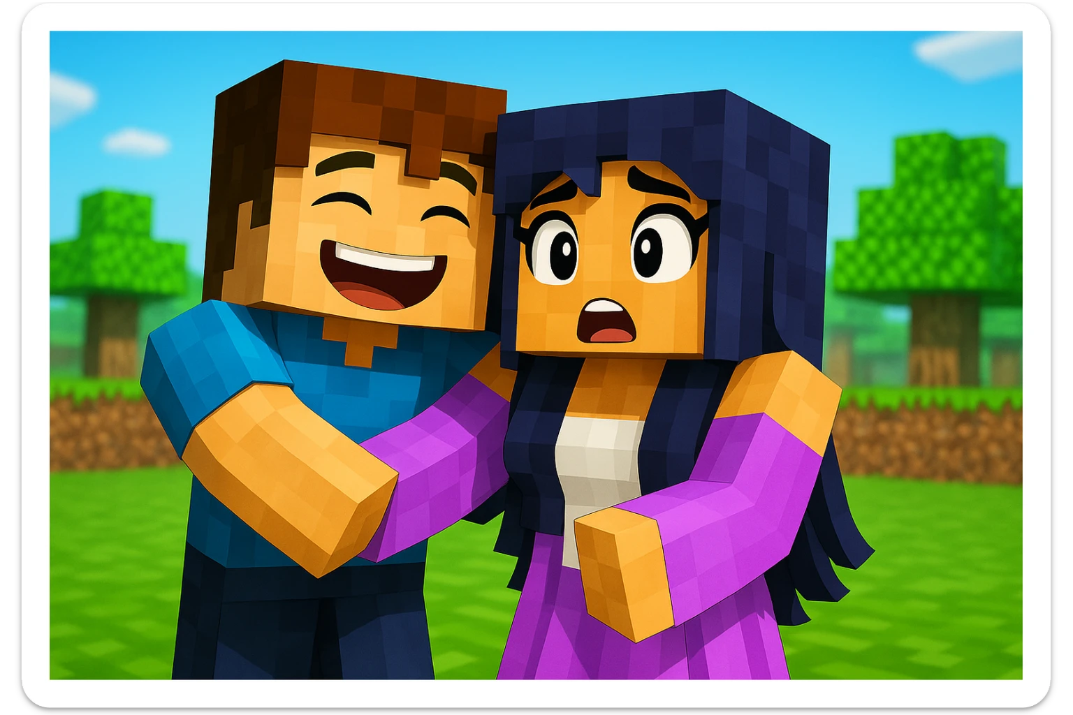 Add a laughing expression to the boy and a surprised expression to the girl in Minecraft style. Maintain the blocky, pixelated Minecraft style with simple, colorful textures and cubic shapes. sticker