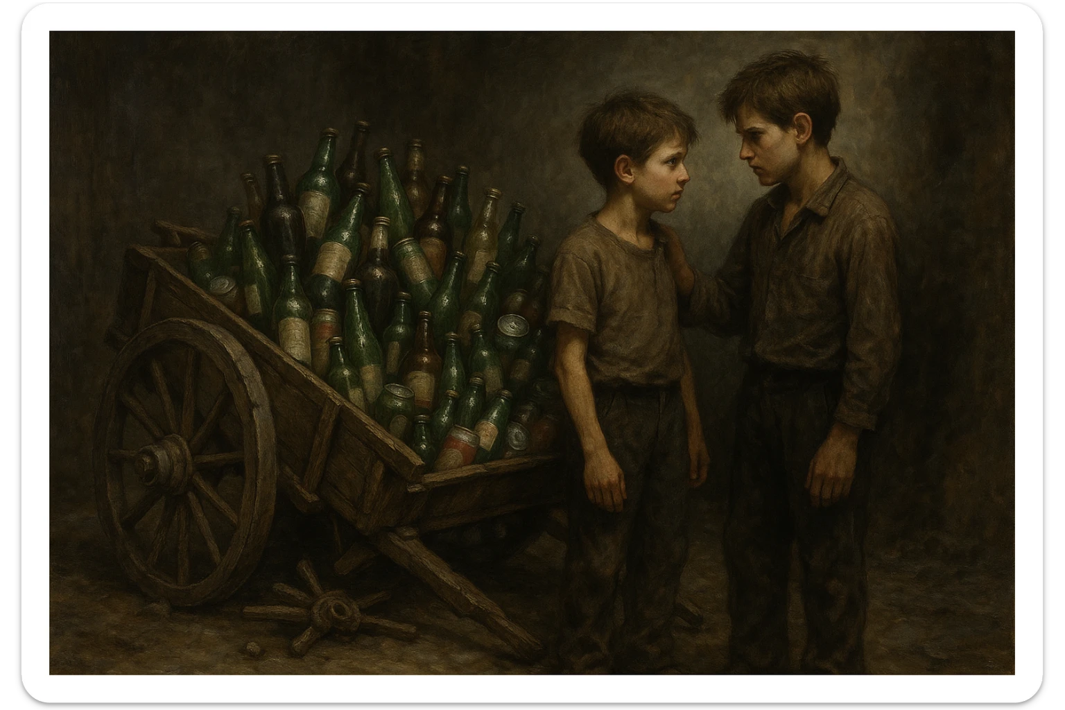 Bir g'ildiragi singan ichimliklar ortilgan arava uning yonida aka uka bir biriga havotirli nigoh bilan qarab turibdi realistik uslubda yuzi ko'rinmasin sticker