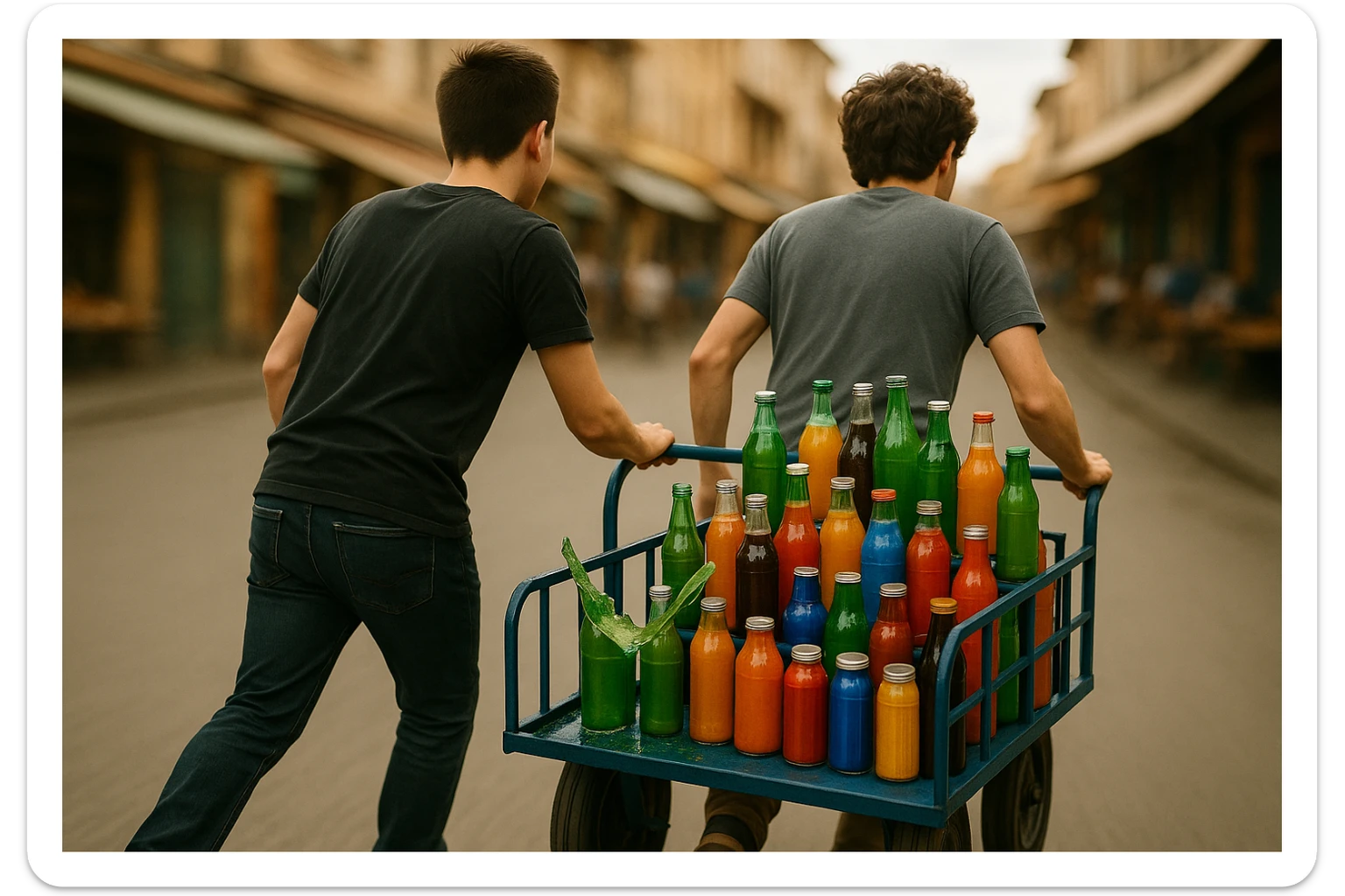 endi shu aravani bir balonchasi singan ko'rinishda va aka uka uning yonida turganini tasvirla yuzlari ko'rinmasin sticker