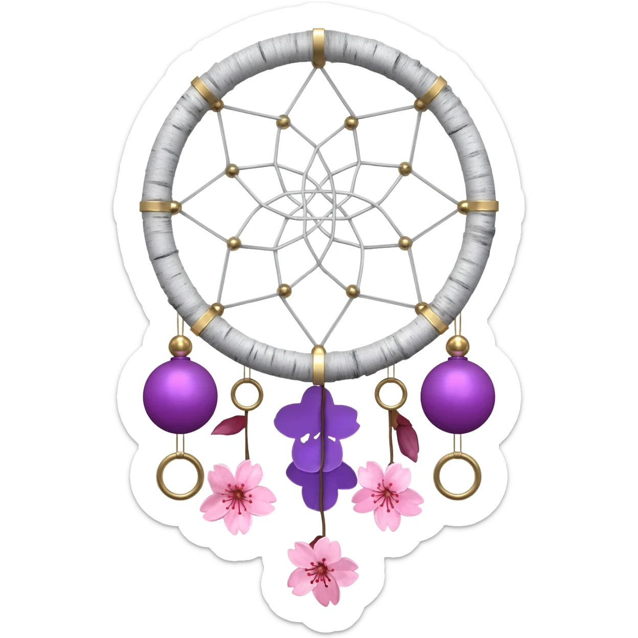 A white-birch-circle-framed Dreamcatcher. with purple-round-orbs, gold-rings hanging down. purple flowers, pink sakura flowers, sticker