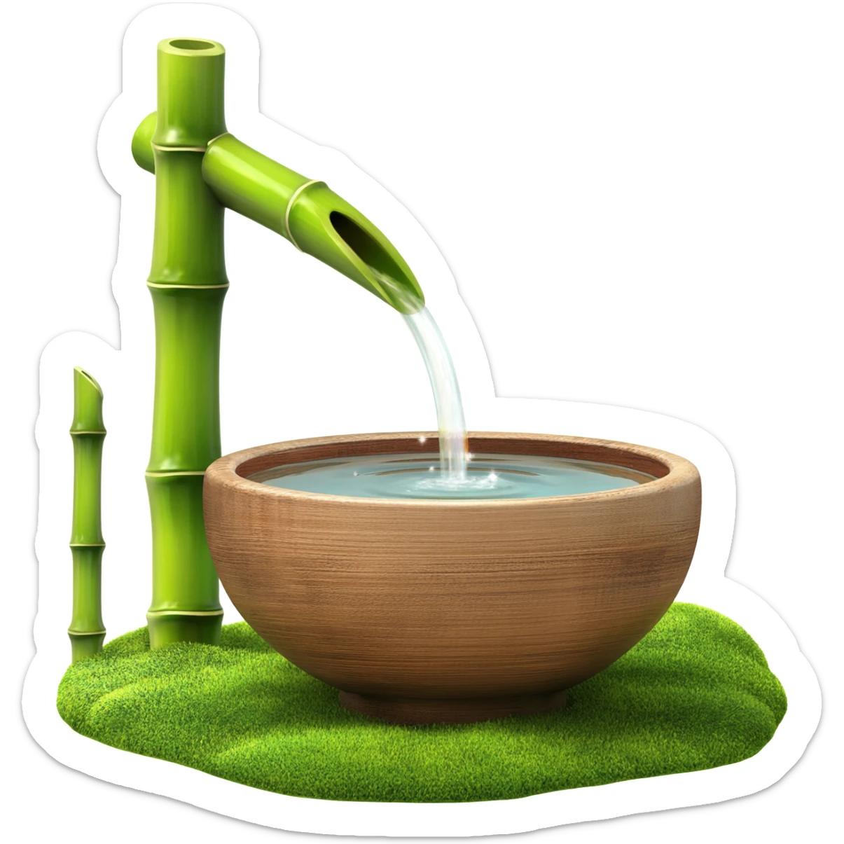 Shiny sparkly glittery beautiful elegant pretty precious divine Japanese zen garden vintage old bamboo fountain with a beautiful wooden bowl underneath aesthetic scenery  sticker