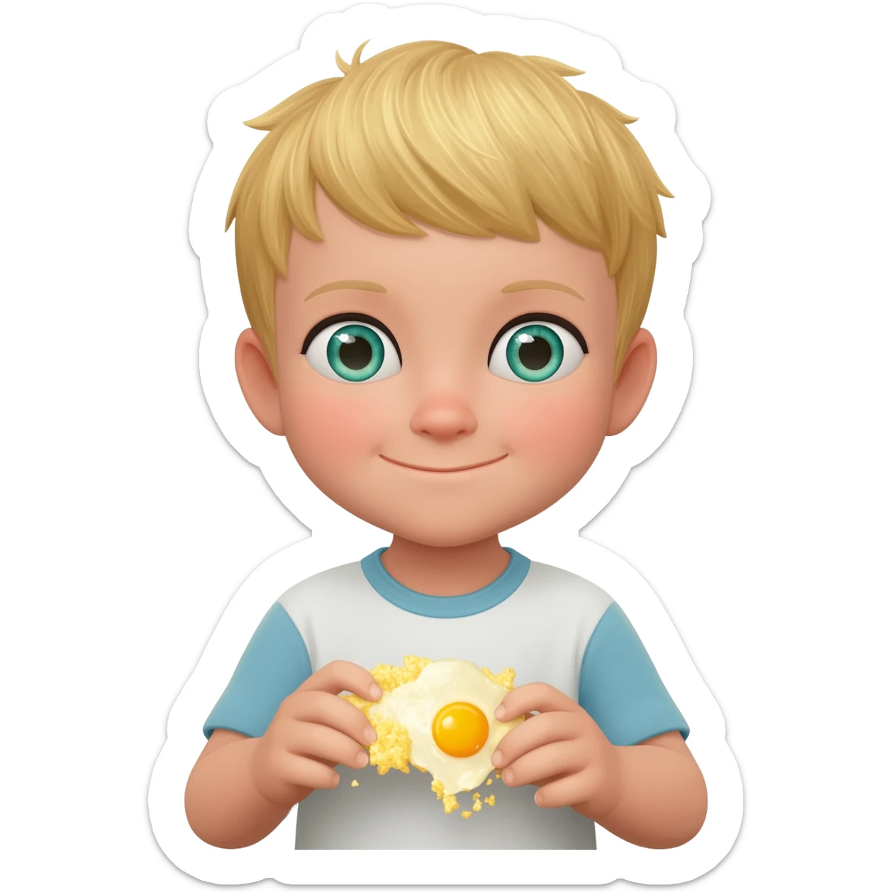 3 year old blonde boy with green-blueish eyes happy eating scrambled eggs for breakfast sticker