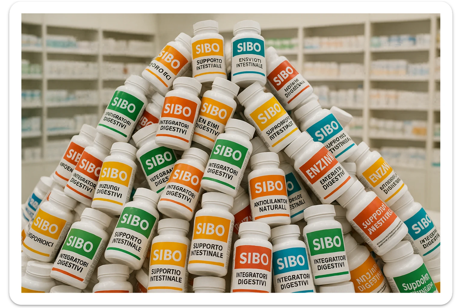 montagna di barattoli di integratori contro la SIBO con etichette in italiano sticker