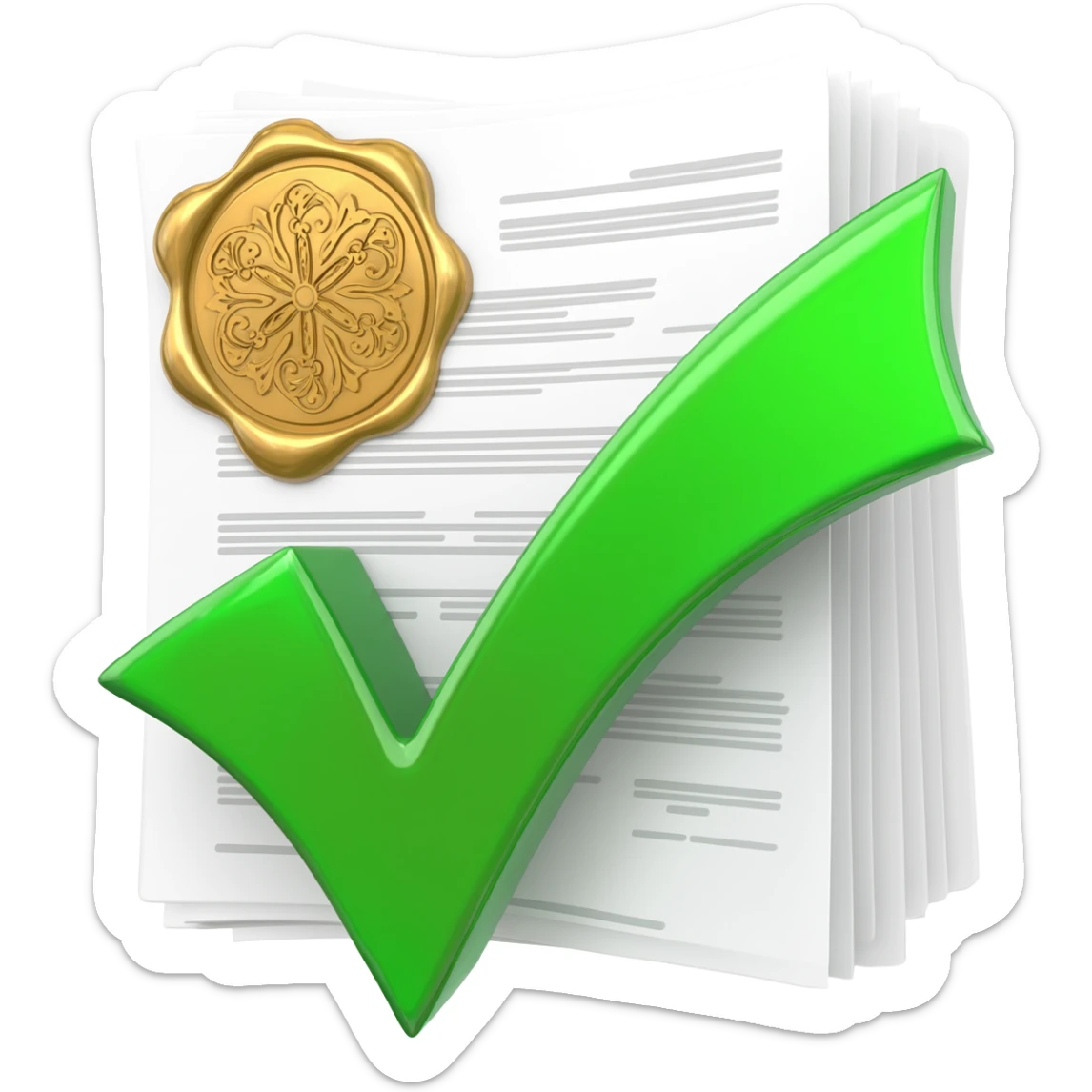 "A high-quality 3D icon of a stack of official documents with a golden wax seal and a large green glossy checkmark floating in front. Professional lighting, isometric view, claymorphism style, soft shadows, blue and white color palette." sticker