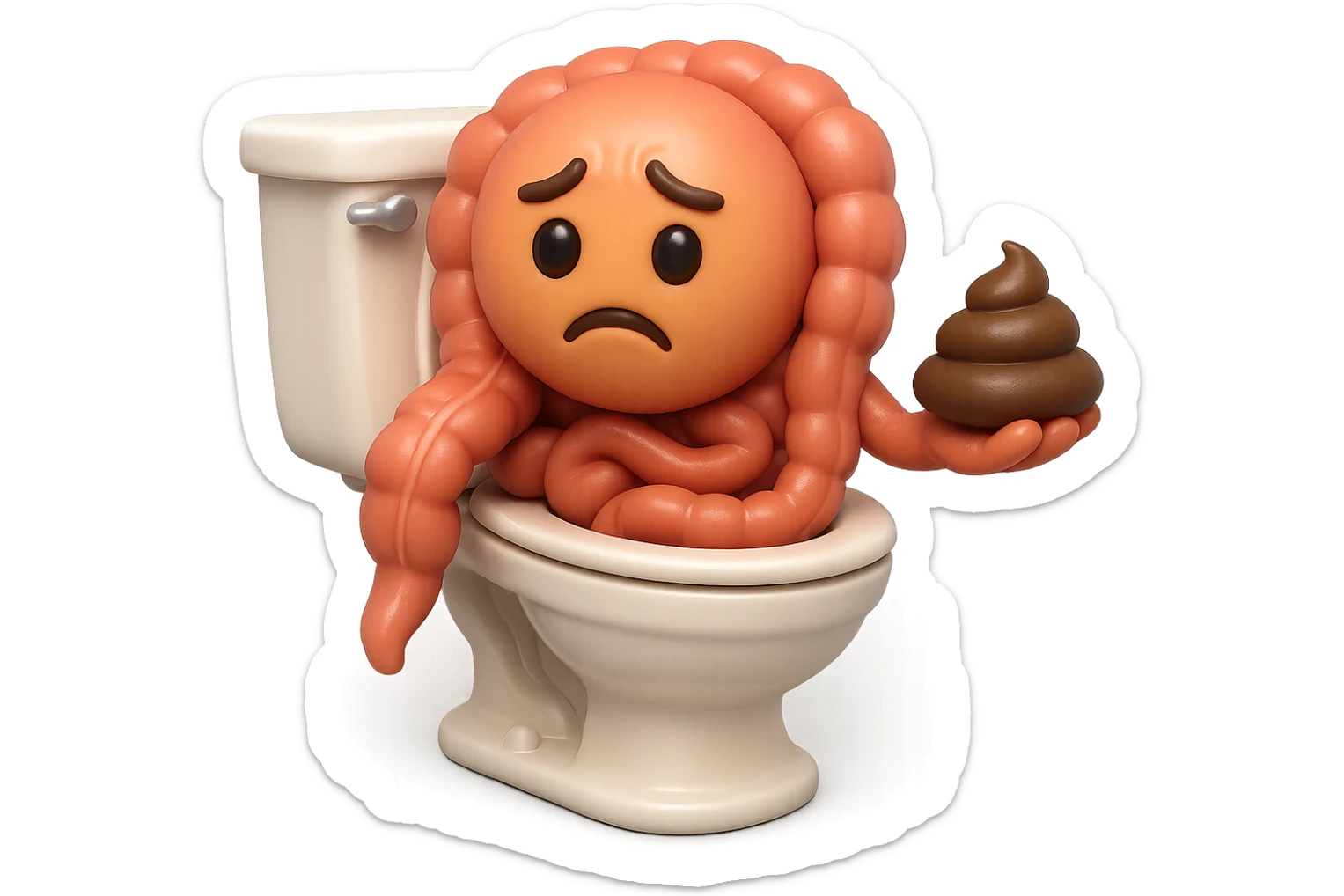 emoji stile iphone di un intestino realistico 3d che esce dal wc con in mano una montagnetta di feci con espressione triste a palline, iperrealistico 4k sticker