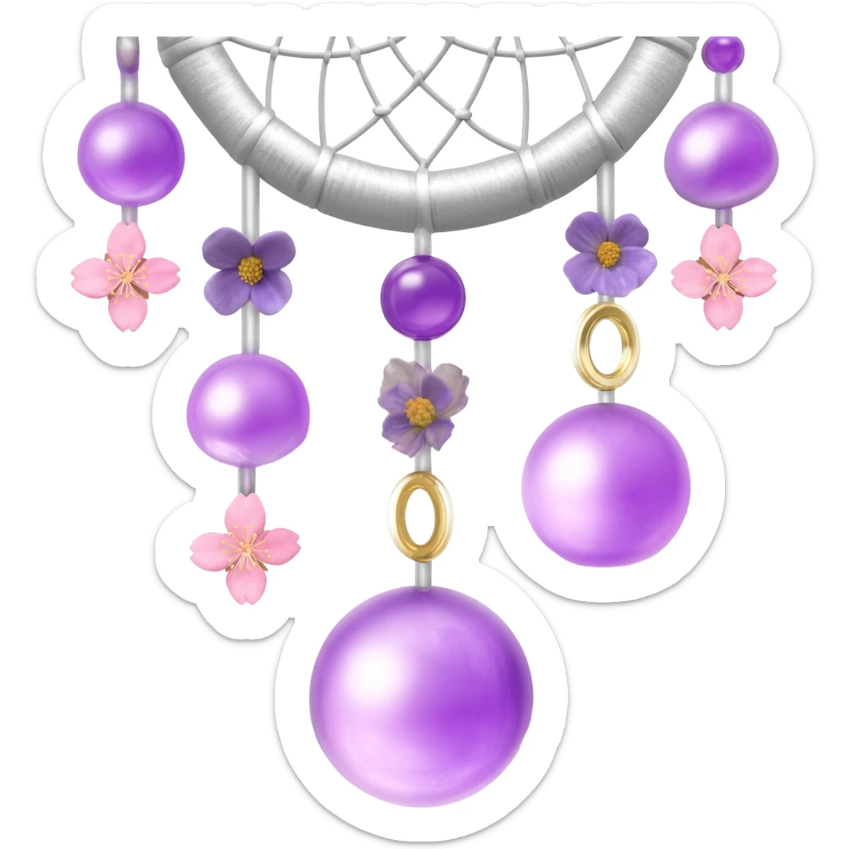 A silvery-white Dreamcatcher. with purple-round-orbs, gold-rings hanging down. purple flowers, pink sakura flowers, sticker