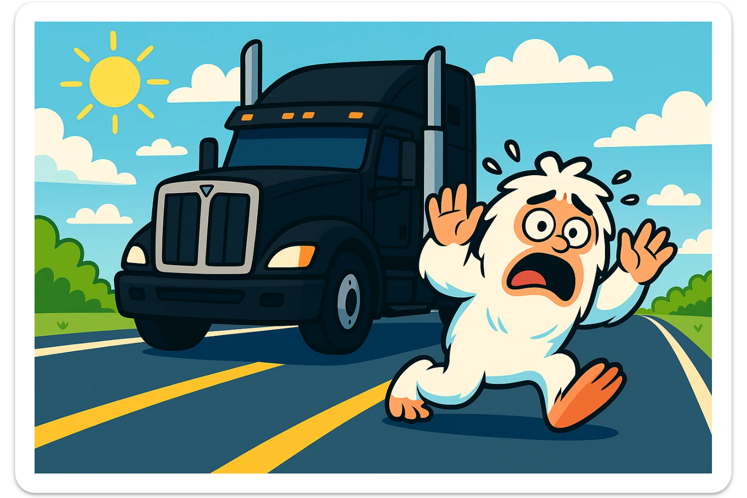 Rotate the black semi truck 45 degrees to the right, keeping the small, scared abominable snowman directly in front of it on a bright highway with a distant view. Maintain the overall scene composition and lighting as in the reference image. sticker