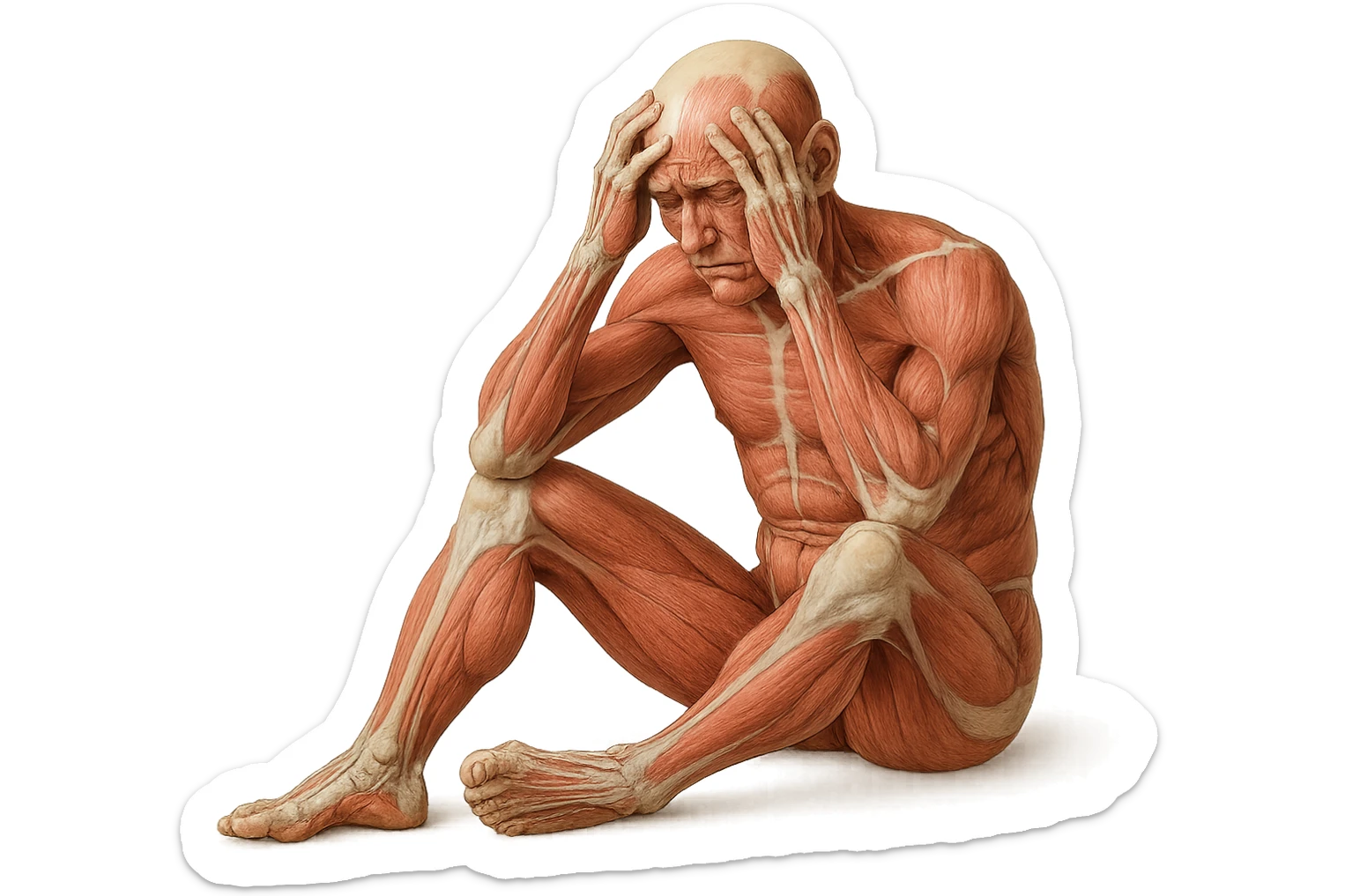 corpo umano anatomico realistico seduto a terra con postura delle spalle chiuse, mani sulla fronte ed espressione disperata in volto, isolato su sfondo bianco sticker