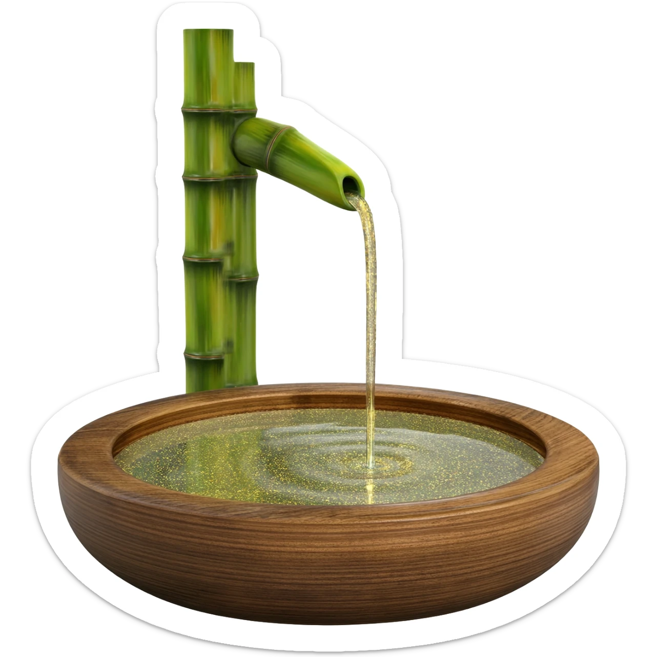 Shiny sparkly glittery beautiful elegant pretty precious divine Japanese zen garden vintage old bamboo fountain with a beautiful wooden bowl underneath aesthetic scenery  sticker