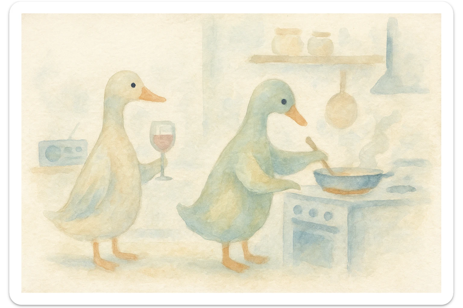 Impressionist Monet-inspired kitchen, 4:3, male and female duck couple, one holding wine glass, other at stove, record player or radio playing music, pastel palette, loose brushstrokes sticker