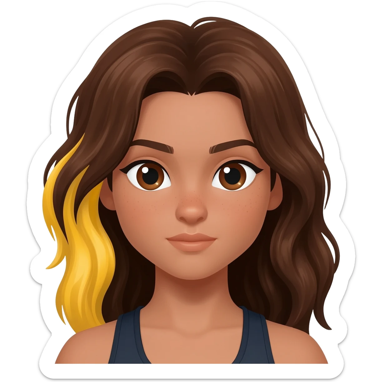 Una chica de piel clara/oscura de ojos marrones pelo castaño ondulado con mechas rubias una en el lado izquierdo debajo de una capa de pelo y la otra detras y tiene un cuerpo de atleta sticker