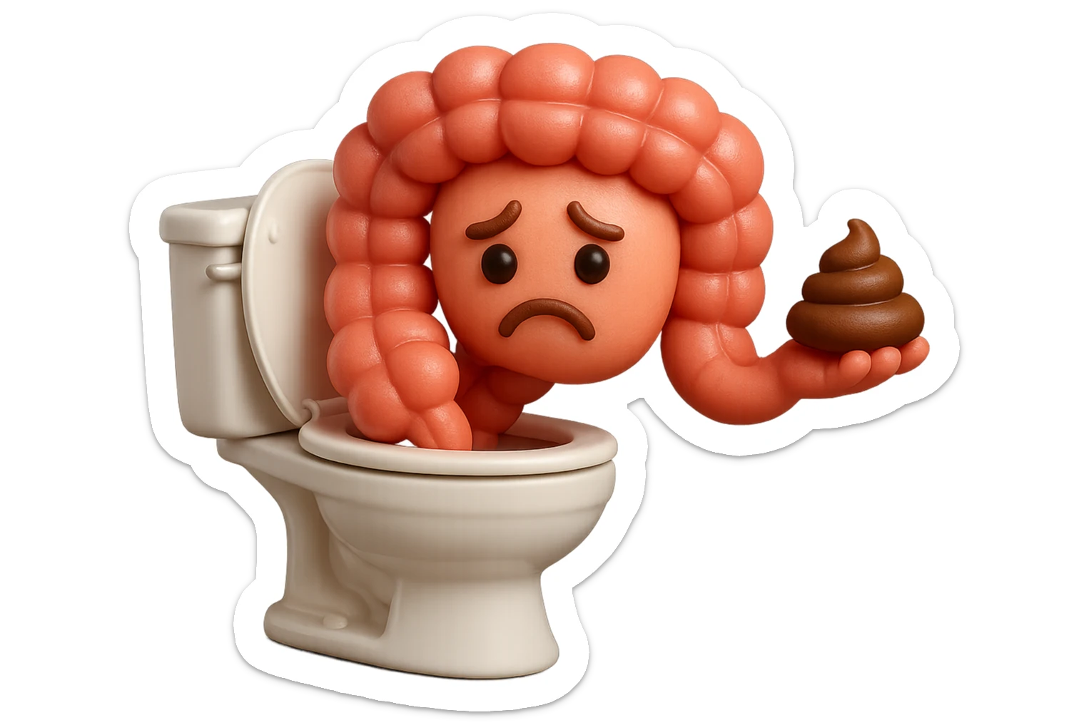 emoji stile iphone di un intestino realistico 3d che esce dal wc con in mano una montagnetta di feci con espressione triste a palline, iperrealistico 4k sticker
