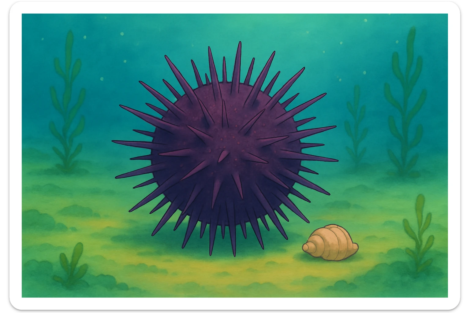 Another sea urchin in Ghibli style, underwater scene, round and spiky, with a small shell nearby, no text. sticker