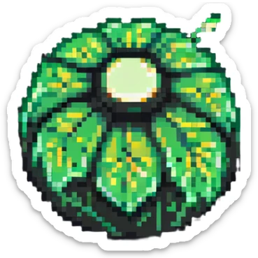 Green digital bomb animation frame 3, round bomb body with green highlights, very short leaf-shaped fuse at top, brighter green glow, nature-inspired design, pixel art style sticker