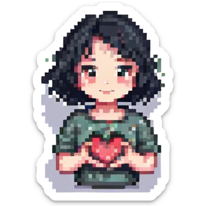 chica de cabello negro, corto y ondulado, haciendo un corazón con la mano, estilo pixel art sticker