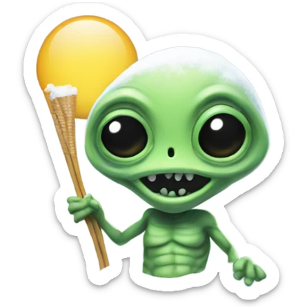 alien holding a small straw next to a mound of snow sticker