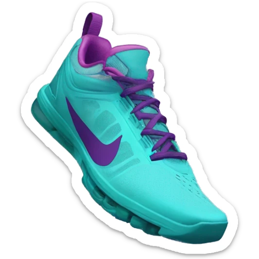 Hyper Realistic top front view of a pair of turquoise,light teal,magenta,and dark purple Nike Shocks. sticker