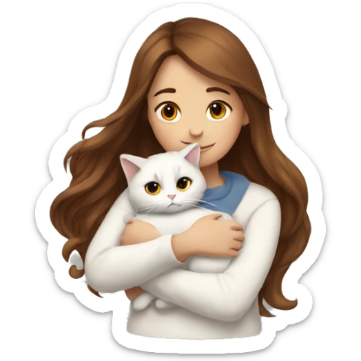 a girl with long brown hair, in a white sweater, hugs a fold cat. sticker