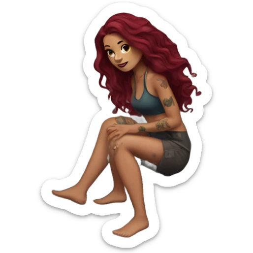 Beautiful tattooed woman long burgundy hair climbing rocks sticker