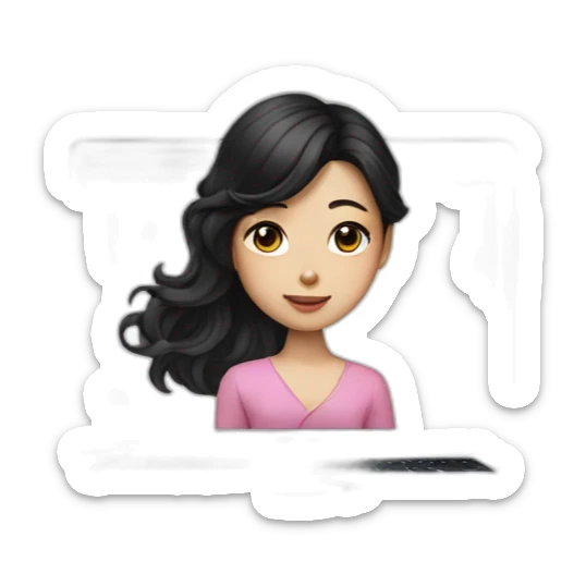 Korean girl in front of macbook, long and wavy black hair sticker