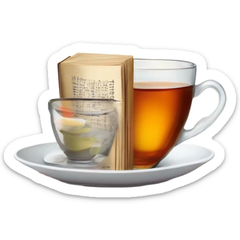 China tea cup with tea and a starch of books with glasses on top sticker