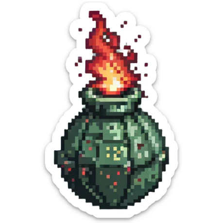 Red digital bomb with flame-shaped fuse on top, round bomb body with red highlights and details, pixel art style sticker