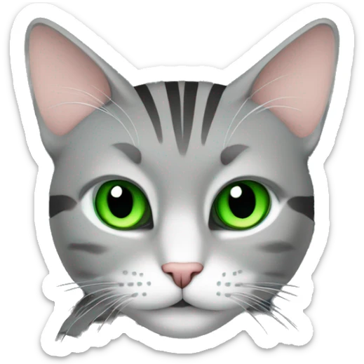 A striped grey cat with green eyes is lying on the keyboard of the computer sticker
