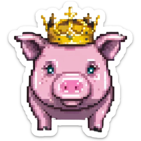 cute pig with a golden crown, chunky, colorful, simple, playful, pixel art style sticker