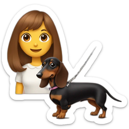 A woman with shoulder-length brown hair and straight bangs has a rough-coated dachshund on a leash. sticker