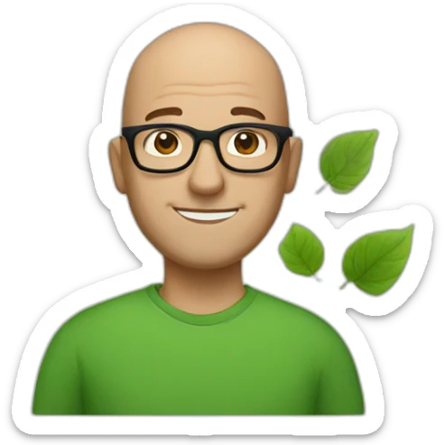 a middle aged bald man in square black glasses wearing a green shirt and holding a green leaf sticker