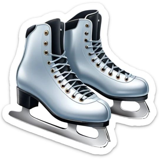 An icon featuring a pair of elegant figure skates resting on scratched ice in the center of an ice stage. The background shows distant spectator stands, with soft spotlights highlighting the skates. Transparent background emphasizes the quiet beauty of the scene. sticker