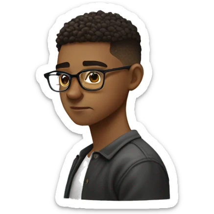 a kid with high taper fade mid hair, round glasses, looking down to his study boo sticker