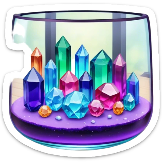 Close-up of vibrant, multicolored crystals growing in a glass container on a wooden table. Crystals in shades of purple, blue, green, pink, and clear are forming in various shapes and sizes. Soft light shines on them. Cozy indoor setting with plants and soft decor in the background. sticker