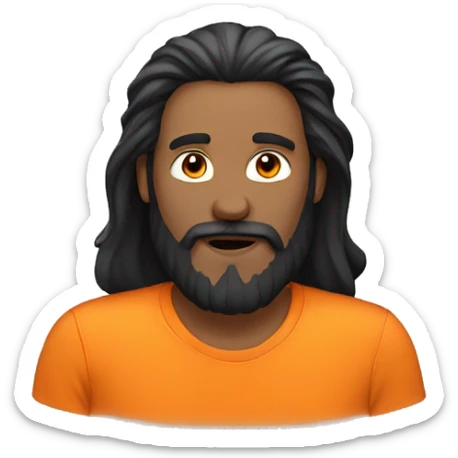 Guy in orange T-shirt with long black hair and a beard sticker