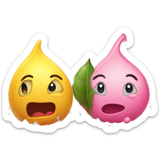 Two adorable, water drop emoji-like figures with emoji head, a yellow one with green leaves a pink one with red leaves, hog standing on a wet surface, with their r sticker