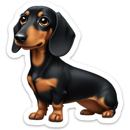 Black and tan dachshund with a short nose with a  patch of white on the chest, bombastic side eye, long hair  sticker