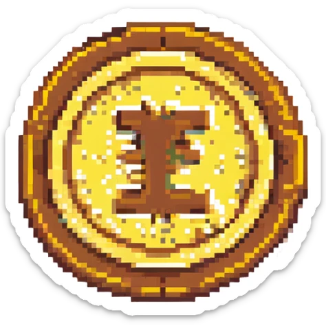A pixel art style image of a gold coin, featuring a yellow and brown pixelated design, simple and retro design, no additional text or symbols. sticker