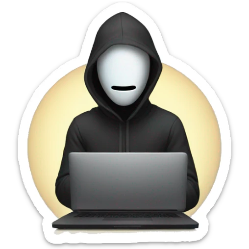 hooded man with a laptop wearing a mask with glowing white eyes sticker