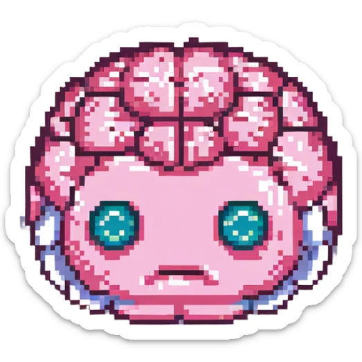 16-bit pixel art of a pink brain-shaped blob with sad droopy eyes and downturned mouth, smooth rounded brain texture, simple retro gaming style sticker