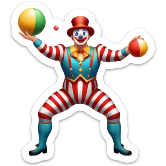 Icon for Circus Arts: a vibrant circus arena with a strongman in a striped costume, a juggler tossing colorful balls, and a clown. The icon should represent the energy and entertainment of the circus, with emphasis on performance and spectacle. Transparent background. sticker