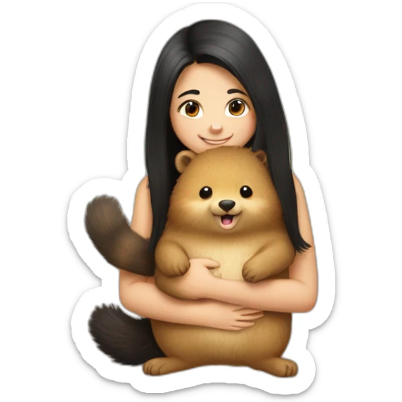 happy-girl-who-is-black-hair-and-hugging-happy-quokka sticker