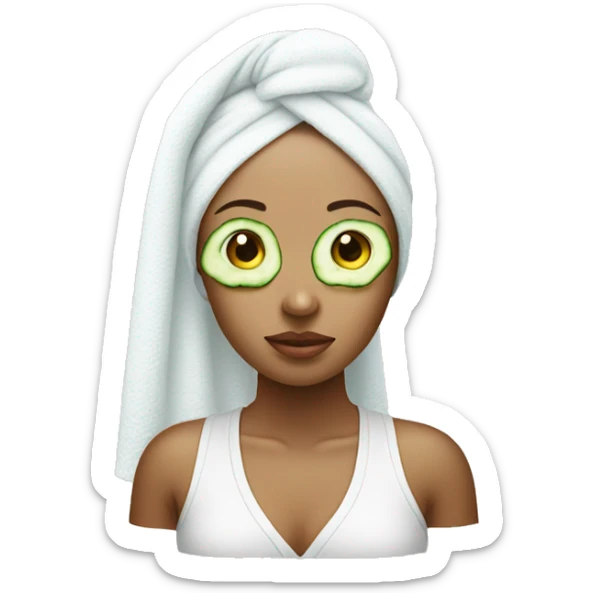 Girl with cucumbers on her eyes wearing a white towel on her head sticker