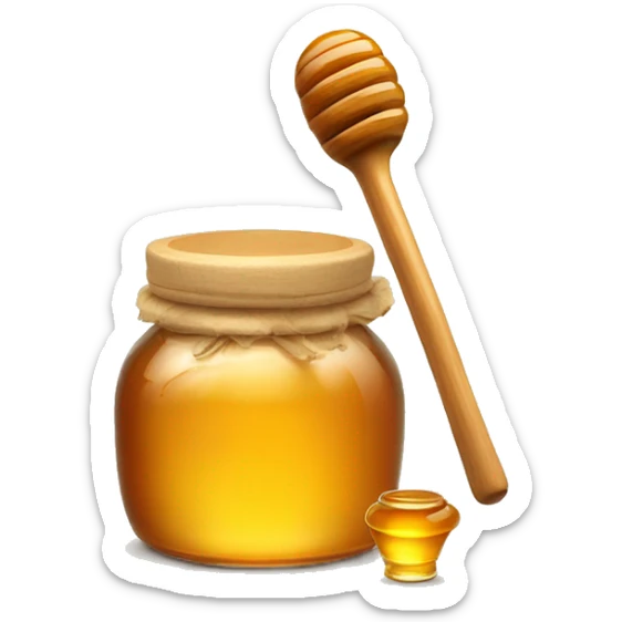 glass jar of honey with a wooden honey dipper sticker
